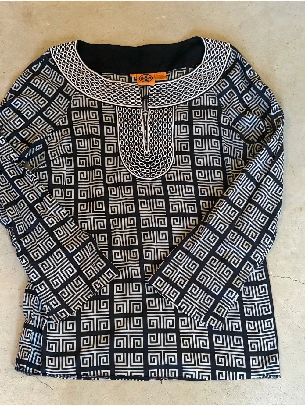 Tory Burch Navy Blue White Greek Key Eyelet Tunic Top Size 14